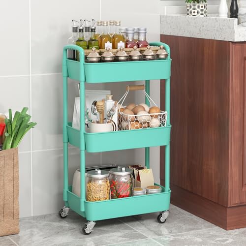 Sywhitta 3-Tier Plastic Rolling Utility Cart with Handle, Multi-Functional Storage Trolley for Office, Living Room, Kitchen, Movable Storage Organizer with Wheels, Green | Multi-Functional Storage Trolley, for Office, Living Room, Kitchen, Bathroom,Movabl