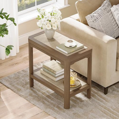 Eclatara Rattan Side Table End Table Farmhouse Boho Nightstands | 2 Tier Rattan Night Stand, Farmhouse Boho Bedside Tables with Ultra-Thick Legs for Bedroom Living Room(Oak,1 Piece) - color: Caramel Oak, Geometric Edges