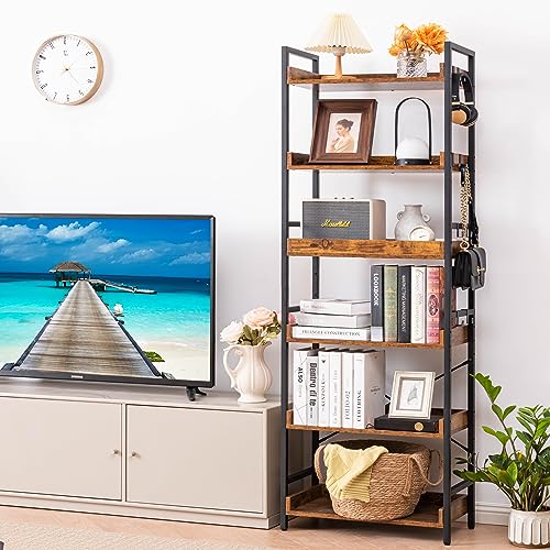 HCHQHS Adjustable 6 Tier Open Bookcase, Rustic Farmhouse Book Shelves, Industrial Wood and Black Metal Bookshelves, Mid Century Bookcase for Home Office Living Room Bedroom - color: Rustic Brown, size: 6-Tier (24"W x 70"H)