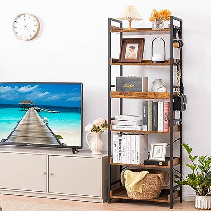 HCHQHS Adjustable 6 Tier Open Bookcase, Rustic Farmhouse Book Shelves, Industrial Wood and Black Metal Bookshelves, Mid Century Bookcase for Home Office Living Room Bedroom - color: Rustic Brown, size: 6-Tier (24"W x 70"H)