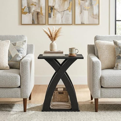 HOOBRO End Table Living Room Set of 2, Narrow Side Table for Small Spaces, Black 3 Tier End Table with Storage Shelf, X-Design Slim Nightstand Bedside Table, Living Room, Bedroom, Black BK356BZP201