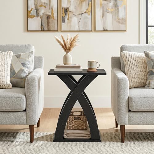 HOOBRO End Table Living Room, Narrow Side Table for Small Spaces, Black 3 Tier End Table with Storage Shelf, X-Design Slim Nightstand Bedside Table, Living Room, Bedroom, Black BK356BZ01N1
