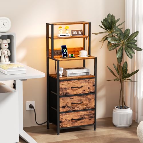 Night Stand with Charging Station, Tall Nightstand, LED Lights | 4-Tier Shelves and 3 Fabric Drawers, Bedside Table for Bedroom, Hallway, Office, Rustic Brown - color: Rustic Brown, size: 3 Drawer