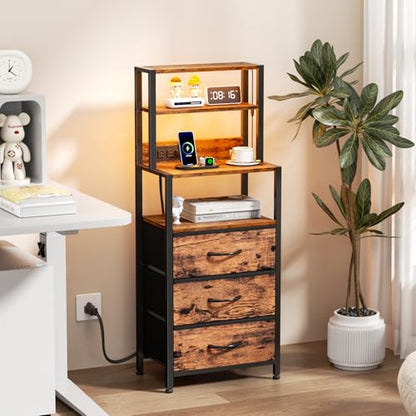 Night Stand with Charging Station, Tall Nightstand, LED Lights | 4-Tier Shelves and 3 Fabric Drawers, Bedside Table for Bedroom, Hallway, Office, Rustic Brown - color: Rustic Brown, size: 3 Drawer