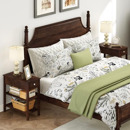 Giantex Narrow End Table Set of 2, Farmhouse Side Tables with Drawer & Storage Shelves, Wood Sofa Side Tables, 3-Tier Nightstands for Small Space, Living Room, Bedroom, 23.5"L x 12"W x 24.5"H, Walnut - color: Walnut