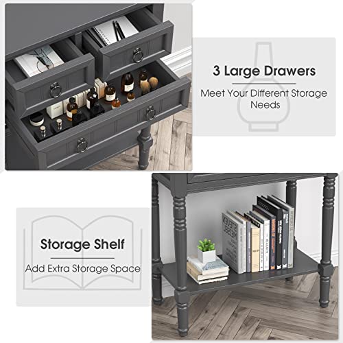 GIANTEX Console Table with 3 Drawers, 24" Rustic Entryway Table with Storage, Open Bottom Shelf, Compact Hallway Table, Small Sofa Side Table for Living Room, Bedroom, Narrow Entry Table, Gray - color: Grey