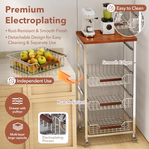 5-Tier Rolling Fruit & Vegetable Storage Cart with Drawers, Extra-Thick Metal Kitchen Organizer Cart on Wheels, Fruit Basket Stand& Fruteros para Cocina, Narrow Pantry Cart for Storage - size: 5-Tier Extra-Thick