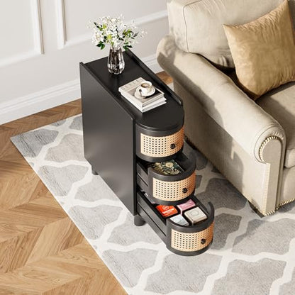 LITTLE TREE Solid Wood End Table, Rattan Narrow Side Table with 3 Drawers | No Assembly Required, Solid Wood Nightstand, Bedside Table for Living Room, Bedroom, Office, Bathroom, Balck - color: Black