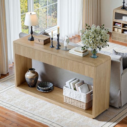 Evermagin 59'' Oak Entryway Table with Drawers, Boho Fluted Console Table, Sofa Table with Storage for Living Room, Entrance, Hallway - color: Oak