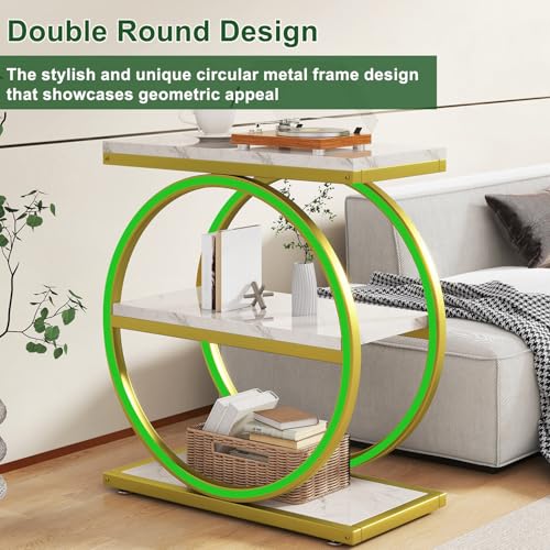 IBUYKE Narrow End Table with 3 Storage Shelves, Industrial Sofa Side Table, Double Round Metal Frames, Slim Nightstand and Bedside Table for Bedroom, Living Room, White with Gold UTMJ418G - color: White With Gold