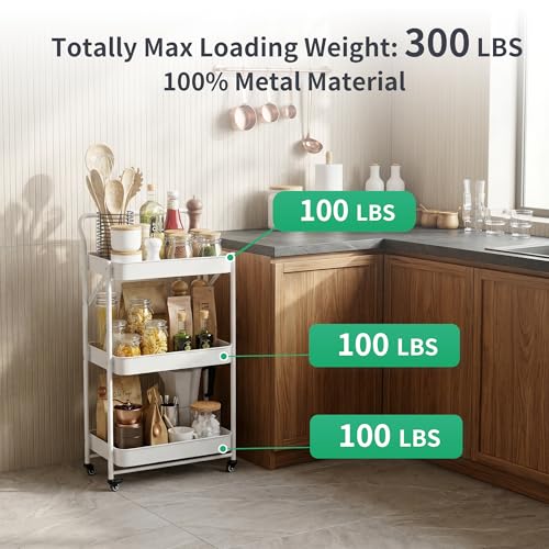 JAQ Foldable Rolling Cart, 3-Tier No Assembly Metal Utility Cart with Handle, Heavy Duty Folding Storage Trolley Organizer on Wheels for Kitchen, Office, Craft Art, Baby Diaper, Snacks, Books, White - color: White /3-tier