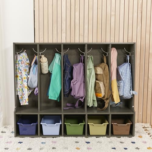 ECR4Kids Streamline 5-Section Toddler Coat Locker with Bench, Classroom Furniture, Grey Wash - color: Grey Wash