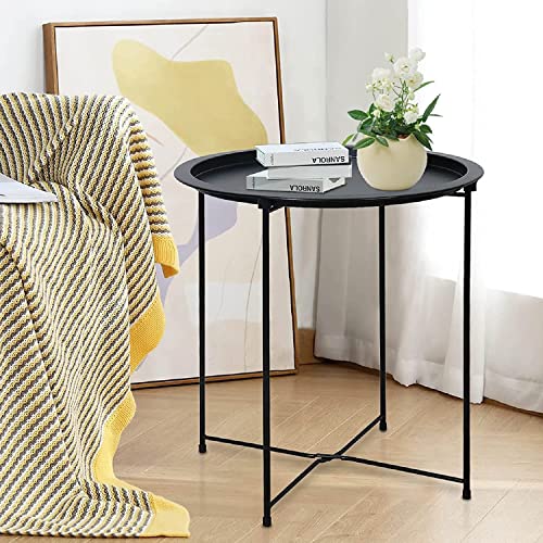 Garden 4 you End Table 2 PCS Metal Side Table Black Round Folding Tray Cyan Sofa Small Accent Fold-able Table, Round End Table Tray, Next to Sofa Table, Snack Table for Living Room and Bed Room - color: Black