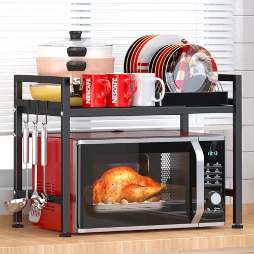 PUSDON Expandable Microwave Oven Rack, 2-Tier Countertop Baker's Rack Style Shelf, Heavy Duty Carbon Steel Stand with 3 Hooks, 160lbs Weight Capacity for Kitchen Organization, Matte Black - color: Matte Black, size: H-frame 2 tier