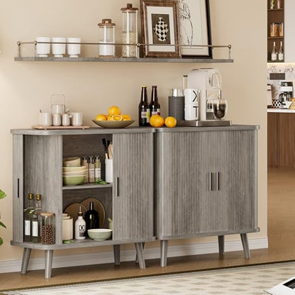 Sideboard Buffet Cabinet with Sliding Door, 31.5" Wide Fluted Modern Accent Storage Cabinet with Adjustable Shelves, Wood Coffee Bar Buffet Console Table for Kitchen, Dining Room, Living Room, Grey - color: Grey
