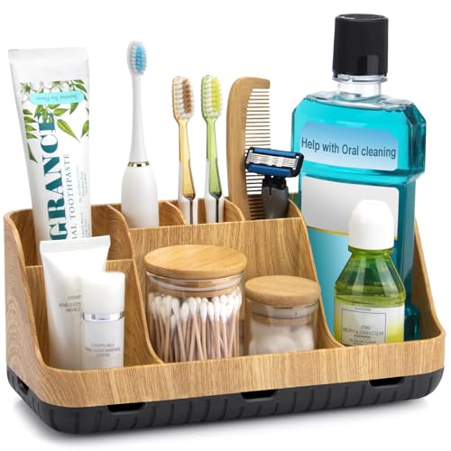 GFWARE Bathroom Organizers and Storage - Detachable 7 Slots Kids Electric Toothbrush and Toothpaste Holde Drainage for Bathroom Accessories Organization Counter Vanity Storage - color: Wood