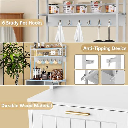 Kitchen Bakers Rack with Storage Shelf - 6-Tier Microwave Stand Oven Cabinet W/Tilting Trash Can Bin and Power Outlet, Farmhouse Thickened Coffee Bar Table Station W/6 Hooks&Adjustable feet - color: White