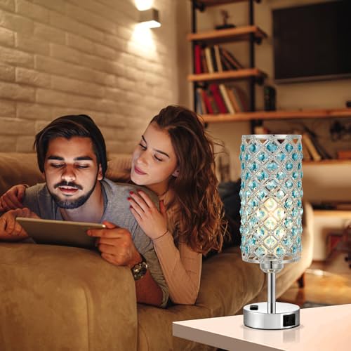 Hong-in Blue Crystal Lamp Touch Control Set of 2, Crystal Table Lamps with USB C+A Ports & AC Outlet, 3-Way Dimmable Nightstand Touch Lamp, Modern Bedside Table Lamp for Bedroom(Bulbs Included) - color: Blue