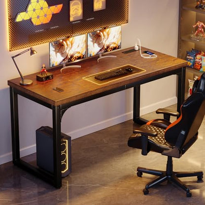 Computer Desk with Power Outlets, 55 Inch Large Home Office Desk with Deeper & Thicker Desktop Modern Gaming Desk Study Writing Work Desk, Metal Frame, Rustic Brown - size: 55 Inch