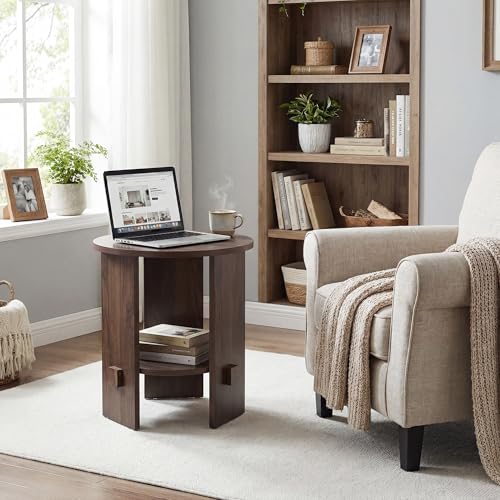 Round End Table with 2-Tier Storage Set of 2, 15.5” Small Side Table for Living Room, Modern Nightstand with Open Shelf, Compact Accent Table for Bedroom, Sofa Side, Small Spaces (Walnut) - color: Walnut