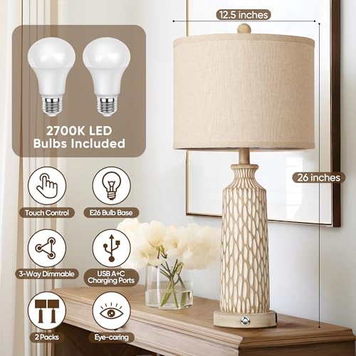 QiMH 26" Lamps for Bedroom with USB A+C Ports, Farmhouse Bedside Lamps Set of 2, Touch Control 3-Way Dimmable, Modern Off-White Resin Table Lamps for Living Room Foyer, Included 2700K LED Bulbs - color: Beige white