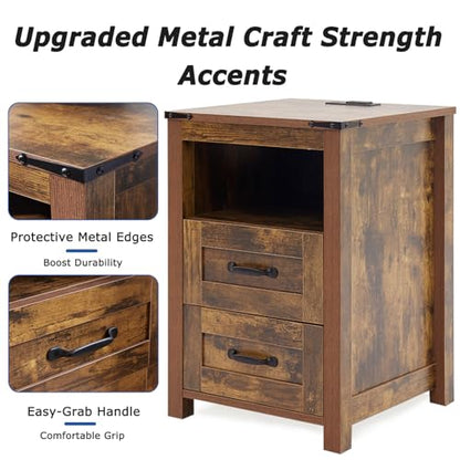 Farmhouse Night Stand, Rustic Brown Nightstand for Bedroom, End Tables with Charging Station, Bedside Table with Drawers, Wood Bedside Cabinet Dresser - color: Brown, size: 1pcs with Charging