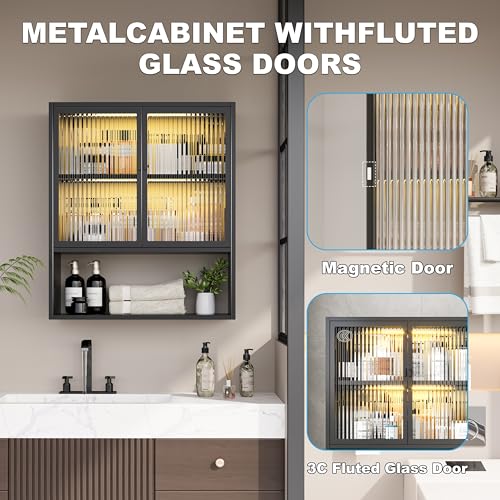 Metal Bathroom Wall Cabinet with Glass Doors | Medicine Cabinet with 2 LED Light, Metal Wall Mounted Cabinet with Open Shelf for Laundry Room, Black - style: Half Glass Door Black