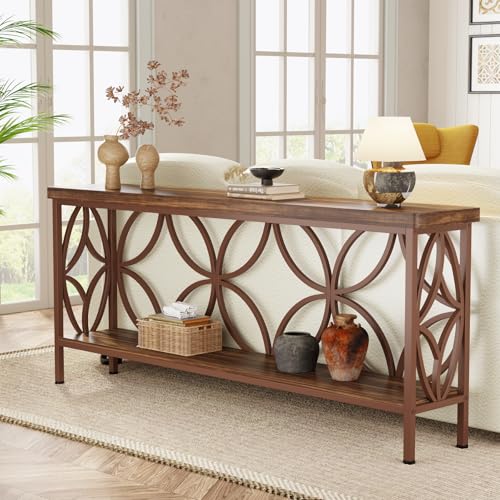 Tribesigns 70.9-Inch Narrow Sofa Table, Industrial Long Sofa Table Behind Couch, Entry Console Table with Storage for Entryway, Living Room, Foyer, Unique Design, Brown Glossy - color: Brown Glossy
