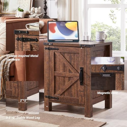 OKD 18" Farmhouse End Table Set of 2, Reclaimed Barnwood | Rustic Nightstand, Charging Station, Barn Door, Adjustable Storage Shelf, Wood Sofa Side Table, Living Room, Bedroom - color: Reclaimed Barnwood