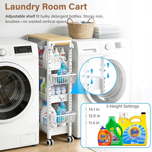7.8 Inch Ultra-Slim 4-Tier Rolling Storage Cart with Adjustable Shelves - Lockable Wheels & Wooden Top for Narrow Spaces Between Washer/Dryer, Bathroom, Kitchen Organization (White) - color: White
