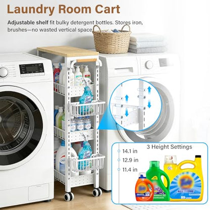 7.8 Inch Ultra-Slim 4-Tier Rolling Storage Cart with Adjustable Shelves - Lockable Wheels & Wooden Top for Narrow Spaces Between Washer/Dryer, Bathroom, Kitchen Organization (White) - color: White