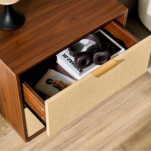 Saint Mossi Rattan Nightstands Set of 2 - Boho Bed Side Tables with 2 Storage Drawers, Mid Century Modern Sofa End Tables for Living Room, Walnut Finish with Golden Handle, W23xD15xH21 - size: 2 Set 2 Drawer