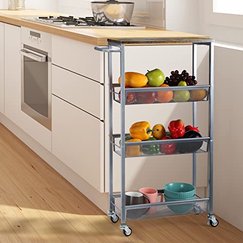NANANARDOSO 4-Tier Slim Rolling Cart with Wood Top, Narrow Storage Organizer with Wheels & Handle for Kitchen Bathroom Laundry Room, Black, Silver. - size: 4 Tier(Silver)