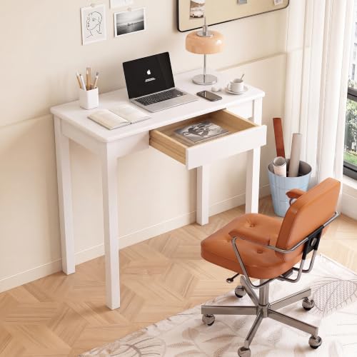 White 100% Solid Wood 32 x 16 in Small Desk with Drawers | Mid Century Modern Narrow Desk Vintage Small Writing Wooden Desks for Small Spaces Bedroom, Living Room, Office - color: White, size: 31.5" x 15.7"