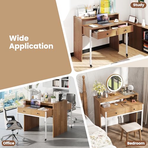 Giantex Small Computer Desk with Hutch & Drawers, Extendable Writing Desk w/Pull Out Secondary Table, Monitor Stand & Rolling Wheels, Console Table, Compact Desk for Small Spaces (Natural) - color: Natural