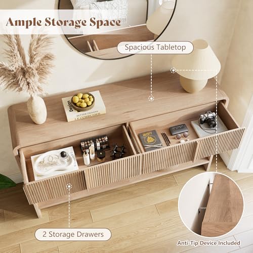 AMERLIFE 45" Fluted Entryway Console Table with 2 Drawers and Open Shelf | Modern Entryway Table, Rounded Edges, Wood Sofa Table for Hallway, Foyer, Behind Couch, Living Room, Natural Oak - color: Natural Oak - Fluted Panel, size: 45"
