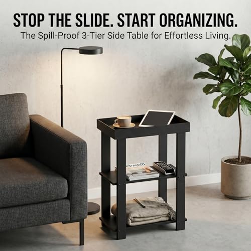 Narrow Side Table Black, 3-Tier Side Table, Rustic Farmhouse Narrow End Table with Storage, Slim Table Nightstand for Small Spaces, Bedroom or Living Room (Black) - color: Black