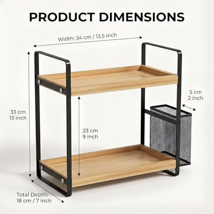 LEMIKKLE 2-Tier Wood Bathroom Counter Organizer with Basket,Waterproof Vanity Perfume Skincare Storage for Bathroom, Kitchen, Dresser - color: Light Brown