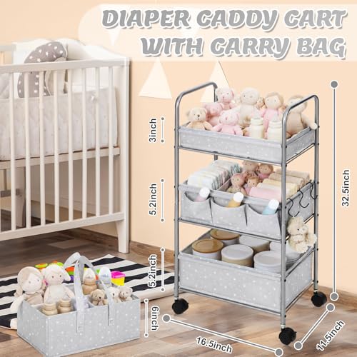 Yookeer 2in1 Baby Diaper Caddy Organizer Cart 3 Tier Large Capacity Metal Utility Bedside Rolling Cart with Divider Newborn Registry Gift Nursery Essential Must Have Bedroom Baby Shower(Gray,Star) - color: Gray, style: Star