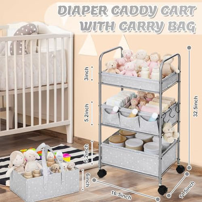 Yookeer 2in1 Baby Diaper Caddy Organizer Cart 3 Tier Large Capacity Metal Utility Bedside Rolling Cart with Divider Newborn Registry Gift Nursery Essential Must Have Bedroom Baby Shower(Gray,Star) - color: Gray, style: Star