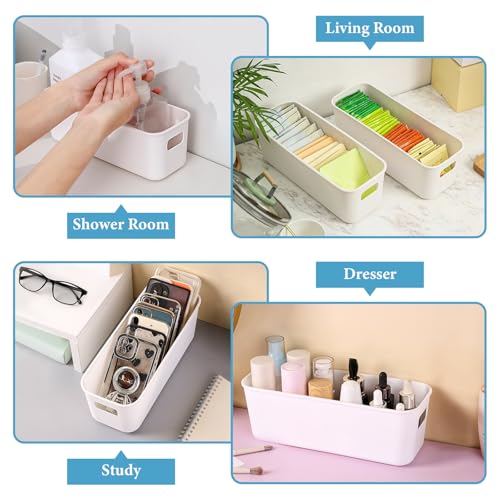 10Pcs White Narrow Storage Bins, 10" Long Bathroom Organizing Bins, Plastic Storage Basket Open Drawer Organizer Box with Handle for Bathroom Kitchen Office Vanity Pantry Shelves