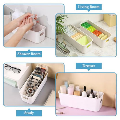 10Pcs White Narrow Storage Bins, 10" Long Bathroom Organizing Bins, Plastic Storage Basket Open Drawer Organizer Box with Handle for Bathroom Kitchen Office Vanity Pantry Shelves