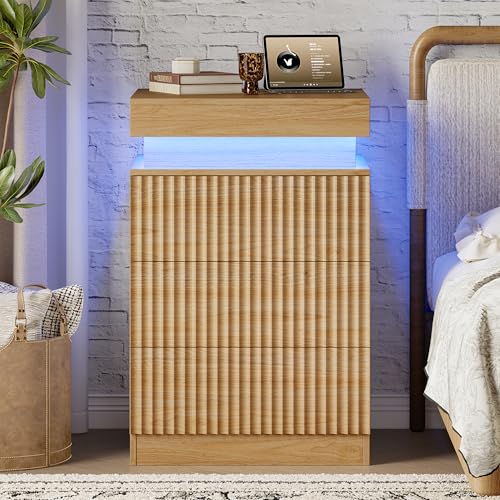 Xixini Nightstand with Charging Station and RGB LED Lights, Fluted 3-Drawer Bedside Table with Sliding Top, Wooden End Table for Bedroom, Living Room, Oak - color: Oak