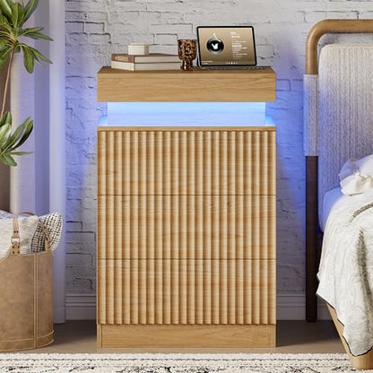 Xixini Nightstand with Charging Station and RGB LED Lights, Fluted 3-Drawer Bedside Table with Sliding Top, Wooden End Table for Bedroom, Living Room, Oak - color: Oak