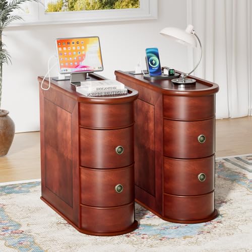 ROOMTEC Solid Wood End Table with Charging Station,Narrow Side Table with USB Ports and Outlets,No Assembly,Slim Chair Side Table,Narrow Sofa Side Table for Living Room Bedroom(2 Pack) - color: End Table With Charging Station, size: 2 Pack
