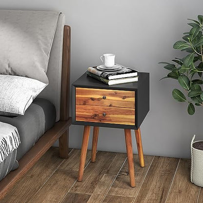 GOFLAME Nightstand with 2 Drawers, Small Wooden Side Table, Mid Century Modern Bedside Table with Storage, Compact End Table for Bedroom, Easy Assembly, Black & Natural - color: Black & Natural