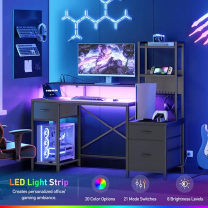 RALGEND 55" Gaming Desk with Power Outlet & LED Light, Computer Desk with Fabric Drawers, Storage Shelves & Monitor Stand, Industrial Gaming Table with Side Hook, Black