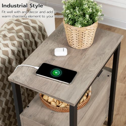 HOOBRO Set of 2 End Tables with Charging Station, Narrow Side Table with Drawers & USB Port & Power Outlets, Nightstand for Small Spaces, Living Room, Stable, Greige and Black BG541BZP201 - color: Greige + Black