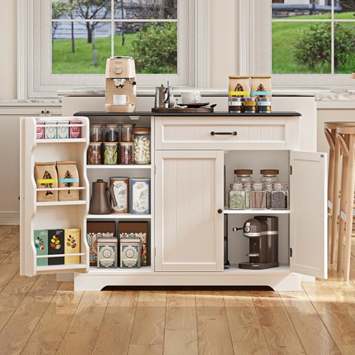 Gizoon Kitchen Coffee Bar Cabinet with Storage Kitchen Sideboard Buffet Cabinet with Drawers, Short Pantry with Door and Shelves for Bathroom and Living Room, White and Black, Painted - color: White and Black, size: 42"W (3 Doors + 1 Drawer)
