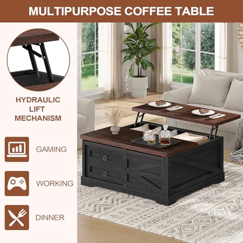Itaar 39.4'' Lift Top Coffee Table with Storage, Farmhouse Coffee Tables for Living Room, Square Coffee Table with Large Hidden Compartment & 2 Drawers & Adjustable Shelves, Black+Walnut - color: Black+walnut